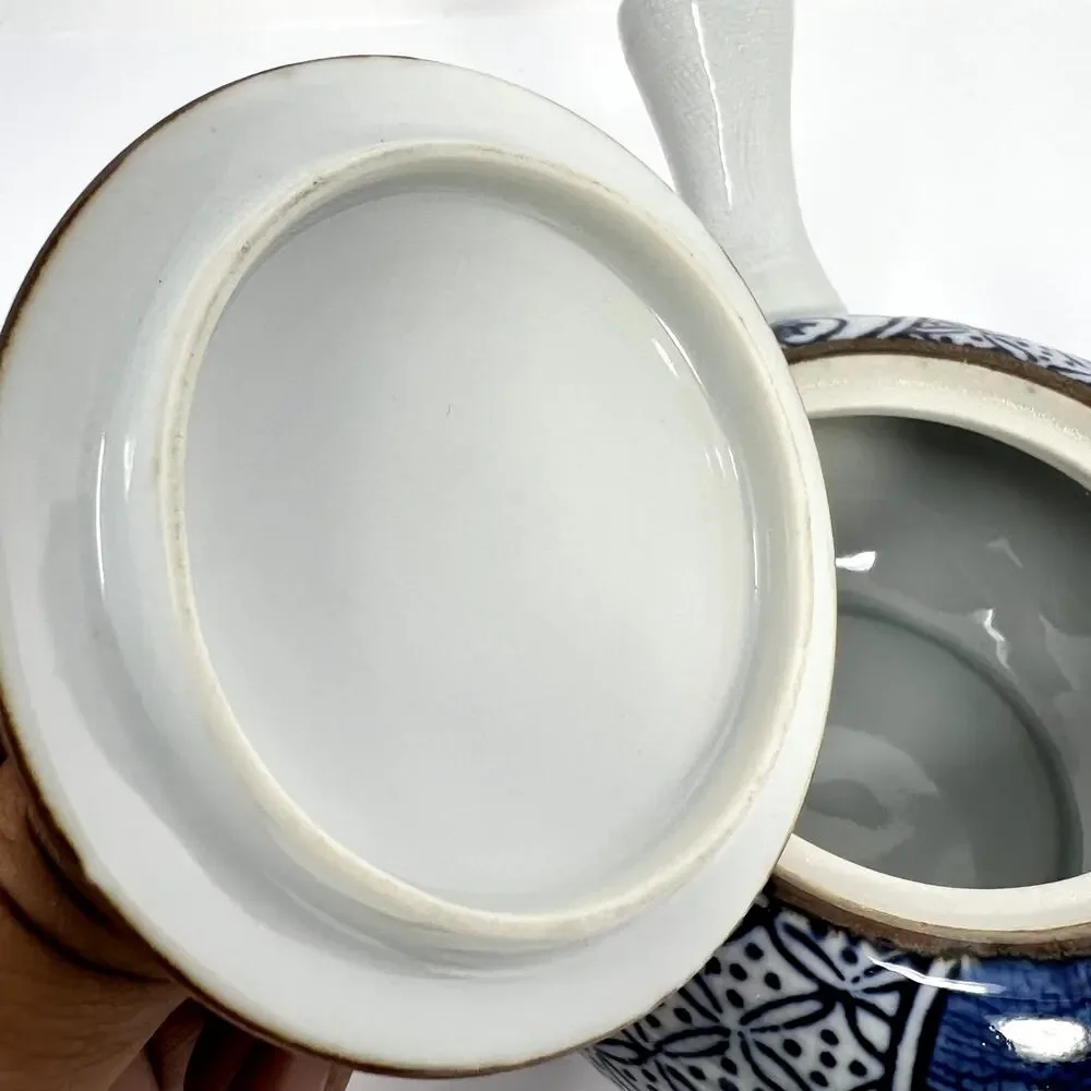 Japanese Blue White Kyusu Single Handle Teapot Geometric Art Asian Elegant Rare